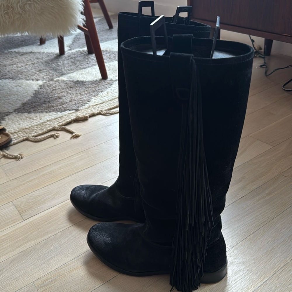 Black Suede Fringe Flat Knee High Boots